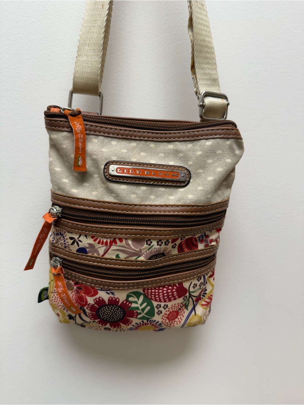 Lily Bloom Beige Floral Crossbody with Brown Trim and Orange Accents